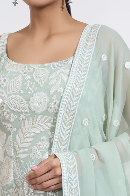 Buy_Meenagurnam_Green Georgette, Net Sequins, Embroidery Scoop Neck Floral Kurta Sharara Set 