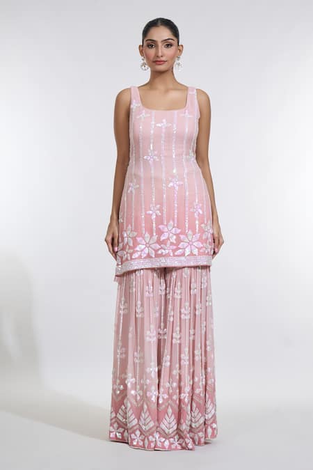 Meenagurnam Pink Georgette, Net Sequins, Embroidery Square Neck Ombre Kurta Sharara Set Online at Aza Fashions Meenagurnam_Pink Georgette, Net Sequins, Embroidery Square Neck Ombre Kurta Sharara Set _Online_at_Aza_Fashions