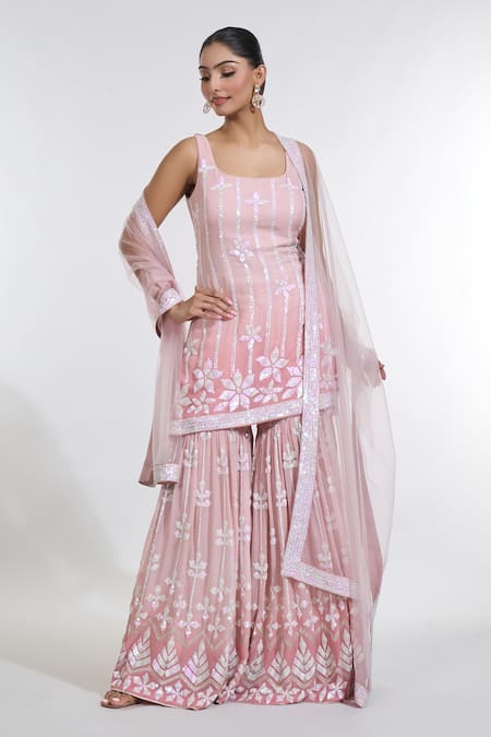 Buy Meenagurnam Pink Georgette, Net Sequins, Embroidery Square Neck Ombre Kurta Sharara Set Online at Aza Fashions Buy_Meenagurnam_Pink Georgette, Net Sequins, Embroidery Square Neck Ombre Kurta Sharara Set _Online_at_Aza_Fashions