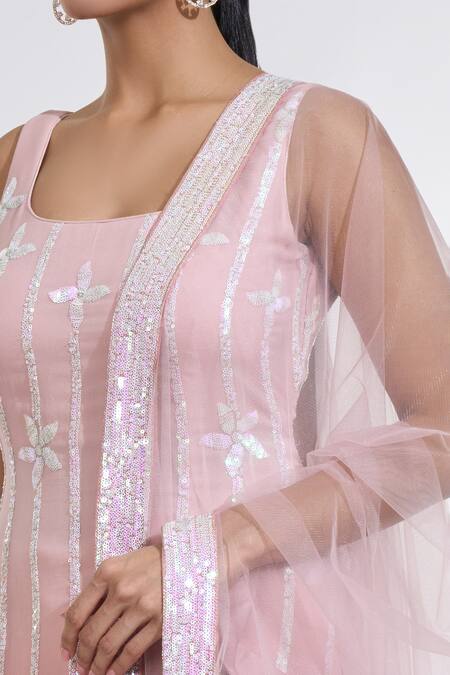 Shop Meenagurnam Pink Georgette, Net Sequins, Embroidery Square Neck Ombre Kurta Sharara Set Online at Aza Fashions Shop_Meenagurnam_Pink Georgette, Net Sequins, Embroidery Square Neck Ombre Kurta Sharara Set _Online_at_Aza_Fashions