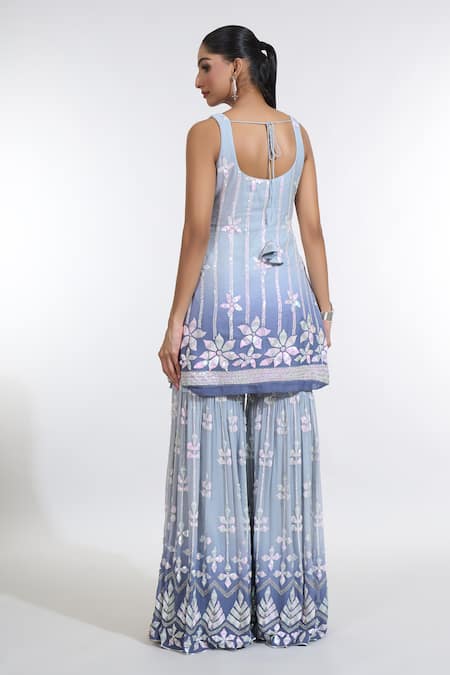 Meenagurnam Ombre Sequin Embroidered Kurta Sharara Set 