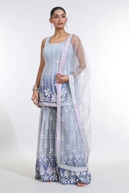 Meenagurnam_Grey Georgette, Net Sequins Square Neck Ombre Embroidered Kurta Sharara Set _Online_at_Aza_Fashions