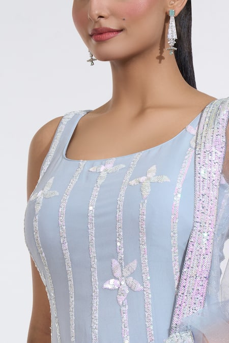 Buy_Meenagurnam_Grey Georgette, Net Sequins Square Neck Ombre Embroidered Kurta Sharara Set _Online_at_Aza_Fashions