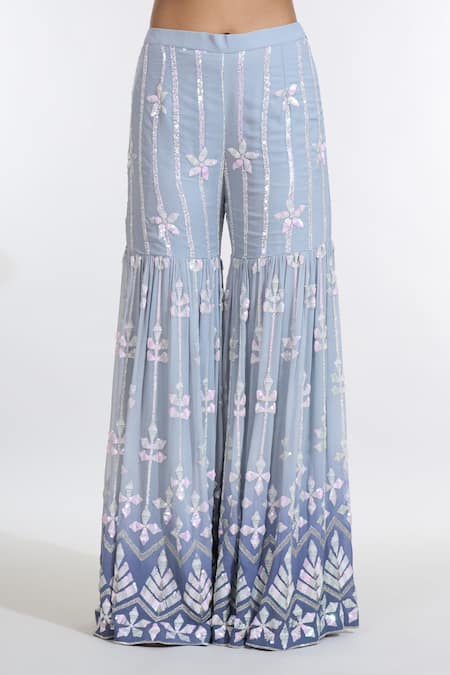 Shop_Meenagurnam_Grey Georgette, Net Sequins Square Neck Ombre Embroidered Kurta Sharara Set _Online_at_Aza_Fashions