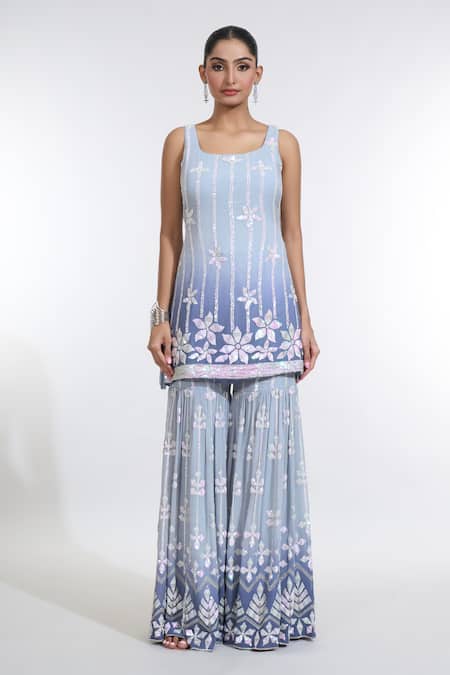 Meenagurnam_Grey Georgette, Net Sequins Square Neck Ombre Embroidered Kurta Sharara Set _at_Aza_Fashions