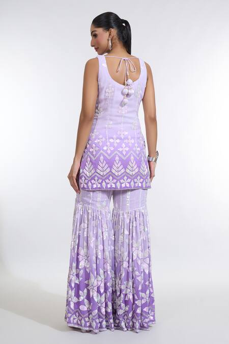 Shop Meenagurnam Purple Georgette, Net Sequins, Embroidery Square Ombre Floral Kurta Sharara Set at Aza Fashions Shop_Meenagurnam_Purple Georgette, Net Sequins, Embroidery Square Ombre Floral Kurta Sharara Set_at_Aza_Fashions
