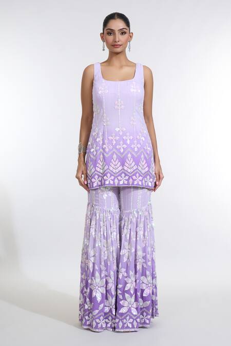Meenagurnam Purple Georgette, Net Sequins, Embroidery Square Ombre Floral Kurta Sharara Set Online at Aza Fashions Meenagurnam_Purple Georgette, Net Sequins, Embroidery Square Ombre Floral Kurta Sharara Set_Online_at_Aza_Fashions