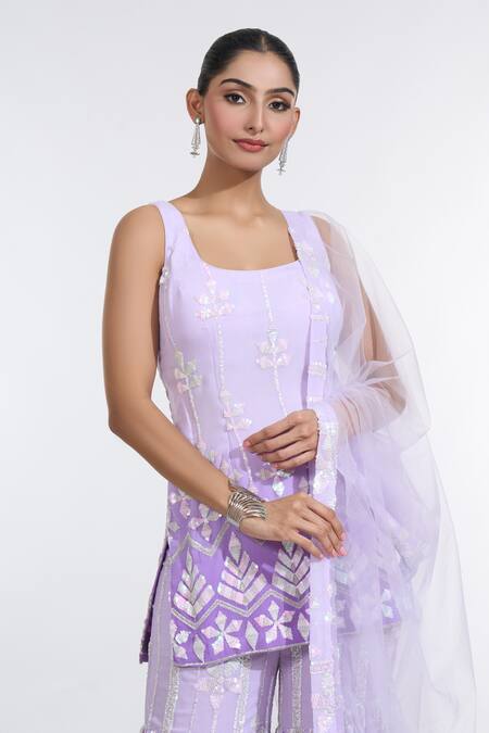 Shop Meenagurnam Purple Georgette, Net Sequins, Embroidery Square Ombre Floral Kurta Sharara Set Online at Aza Fashions Shop_Meenagurnam_Purple Georgette, Net Sequins, Embroidery Square Ombre Floral Kurta Sharara Set_Online_at_Aza_Fashions