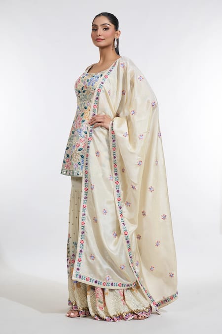 Shop Meenagurnam Beige Tissue, Silk Sequins, Embroidery Scoop Neck Kurta Sharara Set Online at Aza Fashions Shop_Meenagurnam_Beige Tissue, Silk Sequins, Embroidery Scoop Neck Kurta Sharara Set _Online_at_Aza_Fashions