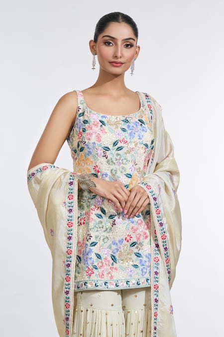 Meenagurnam Beige Tissue, Silk Sequins, Embroidery Scoop Neck Kurta Sharara Set at Aza Fashions Meenagurnam_Beige Tissue, Silk Sequins, Embroidery Scoop Neck Kurta Sharara Set _at_Aza_Fashions