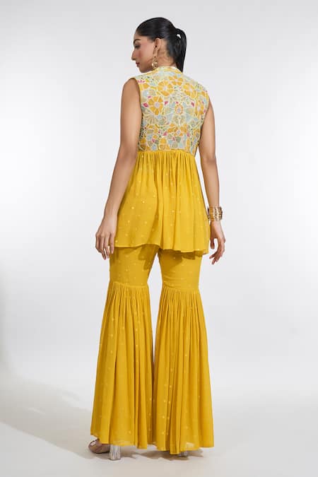 Shop Meenagurnam Yellow Georgette Embroidery Plunge Neck, Open Floral Peplum Jacket Sharara Set at Aza Fashions Shop_Meenagurnam_Yellow Georgette Embroidery Plunge Neck, Open Floral Peplum Jacket Sharara Set _at_Aza_Fashions