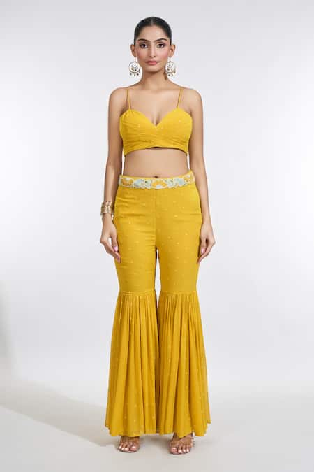 Meenagurnam Yellow Georgette Embroidery Plunge Neck, Open Floral Peplum Jacket Sharara Set Online at Aza Fashions Meenagurnam_Yellow Georgette Embroidery Plunge Neck, Open Floral Peplum Jacket Sharara Set _Online_at_Aza_Fashions