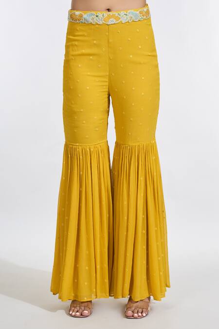 Shop Meenagurnam Yellow Georgette Embroidery Plunge Neck, Open Floral Peplum Jacket Sharara Set Online at Aza Fashions Shop_Meenagurnam_Yellow Georgette Embroidery Plunge Neck, Open Floral Peplum Jacket Sharara Set _Online_at_Aza_Fashions