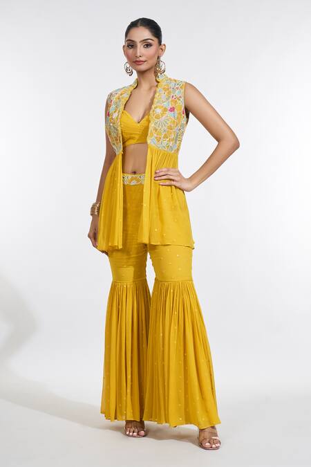 Meenagurnam Yellow Georgette Embroidery Plunge Neck, Open Floral Peplum Jacket Sharara Set at Aza Fashions Meenagurnam_Yellow Georgette Embroidery Plunge Neck, Open Floral Peplum Jacket Sharara Set _at_Aza_Fashions