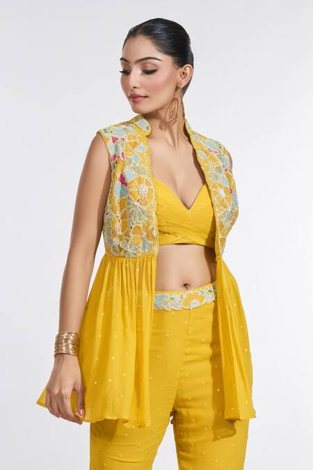 Buy Meenagurnam Yellow Georgette Embroidery Plunge Neck, Open Floral Peplum Jacket Sharara Set Buy_Meenagurnam_Yellow Georgette Embroidery Plunge Neck, Open Floral Peplum Jacket Sharara Set