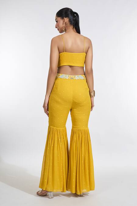 Shop Meenagurnam Yellow Georgette Embroidery Plunge Neck, Open Floral Peplum Jacket Sharara Set Shop_Meenagurnam_Yellow Georgette Embroidery Plunge Neck, Open Floral Peplum Jacket Sharara Set