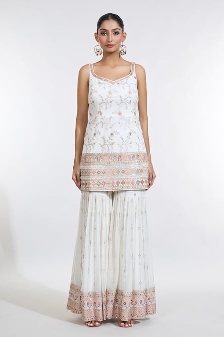 Meenagurnam Ivory Georgette, Net Embroidery, Zari V-neck Jaal Work Kurta Sharara Set Online at Aza Fashions Meenagurnam_Ivory Georgette, Net Embroidery, Zari V-neck Jaal Work Kurta Sharara Set _Online_at_Aza_Fashions