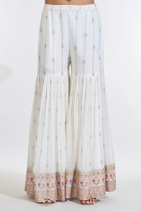 Buy Meenagurnam Ivory Georgette, Net Embroidery, Zari V-neck Jaal Work Kurta Sharara Set Online at Aza Fashions Buy_Meenagurnam_Ivory Georgette, Net Embroidery, Zari V-neck Jaal Work Kurta Sharara Set _Online_at_Aza_Fashions