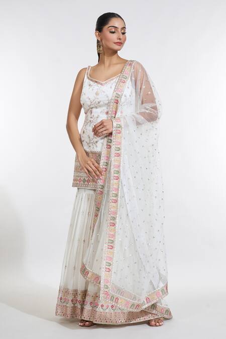 Shop Meenagurnam Ivory Georgette, Net Embroidery, Zari V-neck Jaal Work Kurta Sharara Set Online at Aza Fashions Shop_Meenagurnam_Ivory Georgette, Net Embroidery, Zari V-neck Jaal Work Kurta Sharara Set _Online_at_Aza_Fashions