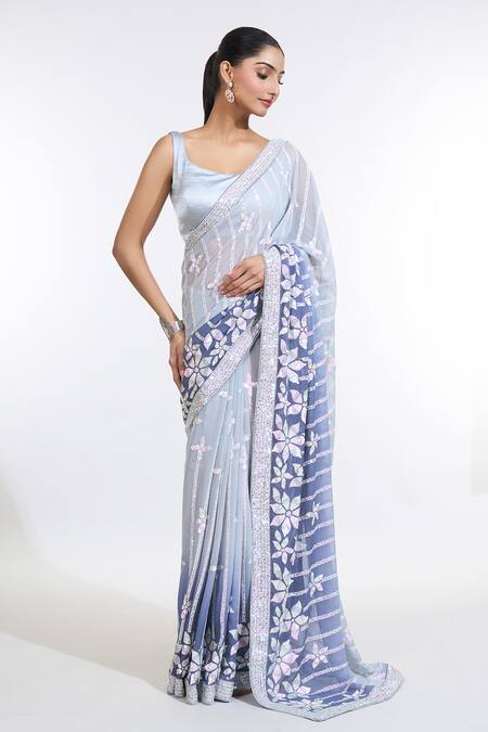 Meenagurnam_Grey Satin, Georgette Sequins Scoop Neck Ombre Embroidered Saree With Blouse _Online_at_Aza_Fashions