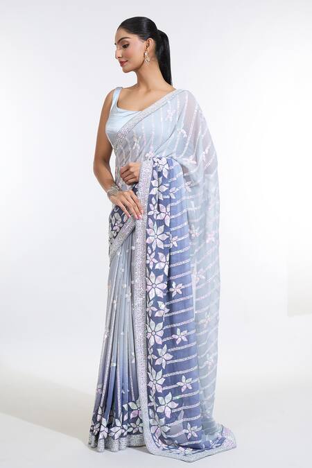Buy_Meenagurnam_Grey Satin, Georgette Sequins Scoop Neck Ombre Embroidered Saree With Blouse _Online_at_Aza_Fashions