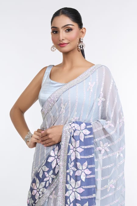 Shop_Meenagurnam_Grey Satin, Georgette Sequins Scoop Neck Ombre Embroidered Saree With Blouse _Online_at_Aza_Fashions