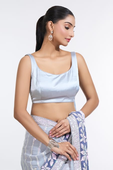 Buy_Meenagurnam_Grey Satin, Georgette Sequins Scoop Neck Ombre Embroidered Saree With Blouse 