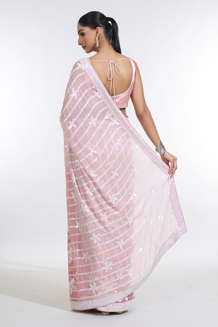 Shop_Meenagurnam_Pink Satin, Georgette Sequins Scoop Ombre Floral Embroidered Saree With Blouse _at_Aza_Fashions