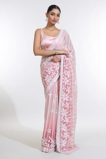 Shop_Meenagurnam_Pink Satin, Georgette Sequins Scoop Ombre Floral Embroidered Saree With Blouse _Online_at_Aza_Fashions