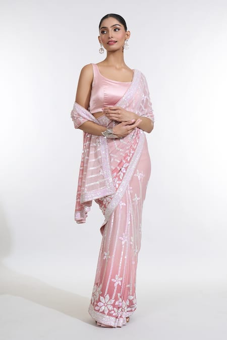 Meenagurnam_Pink Satin, Georgette Sequins Scoop Ombre Floral Embroidered Saree With Blouse _at_Aza_Fashions