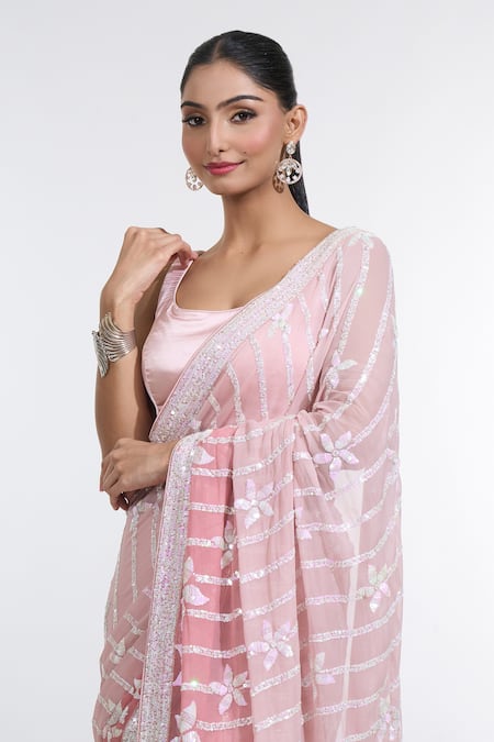 Buy_Meenagurnam_Pink Satin, Georgette Sequins Scoop Ombre Floral Embroidered Saree With Blouse 