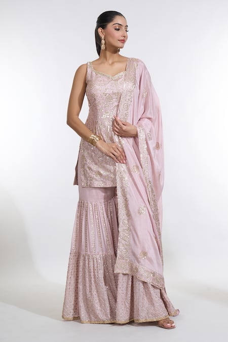 Meenagurnam Pink Chiffon Sequins Keyhole Neck Paisley Bloom Embroidered Kurti Sharara Set 