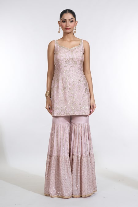 Meenagurnam_Pink Chiffon Sequins Keyhole Neck Paisley Bloom Embroidered Kurti Sharara Set _Online_at_Aza_Fashions