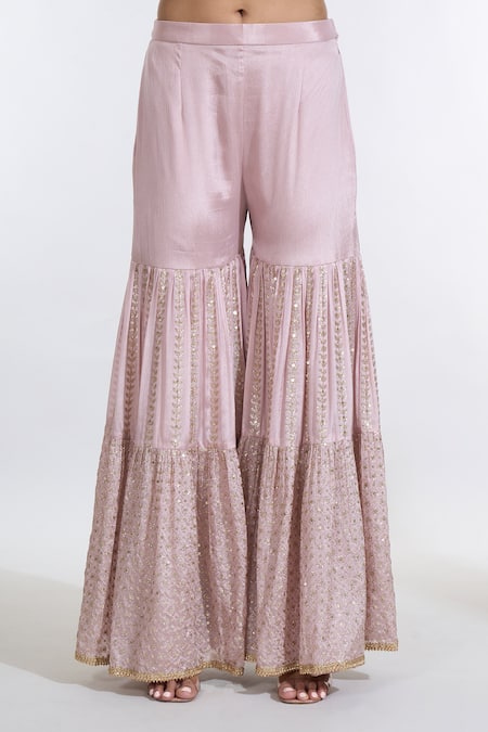 Buy_Meenagurnam_Pink Chiffon Sequins Keyhole Neck Paisley Bloom Embroidered Kurti Sharara Set _Online_at_Aza_Fashions