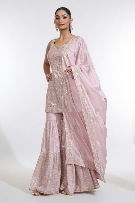 Shop_Meenagurnam_Pink Chiffon Sequins Keyhole Neck Paisley Bloom Embroidered Kurti Sharara Set _Online_at_Aza_Fashions
