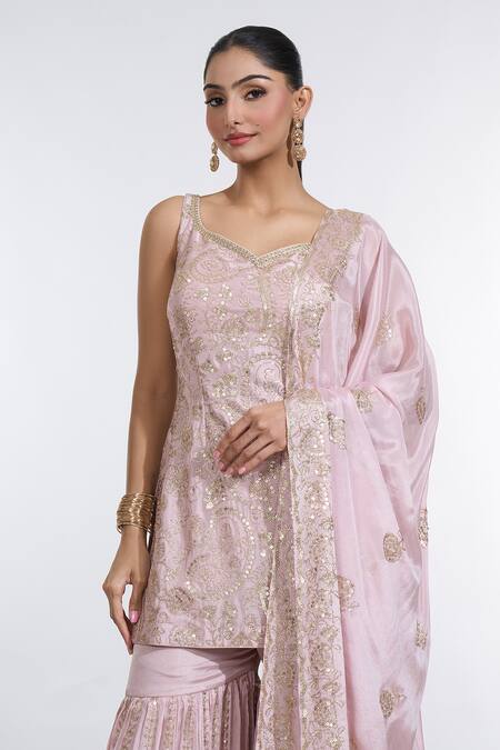 Meenagurnam_Pink Chiffon Sequins Keyhole Neck Paisley Bloom Embroidered Kurti Sharara Set _at_Aza_Fashions