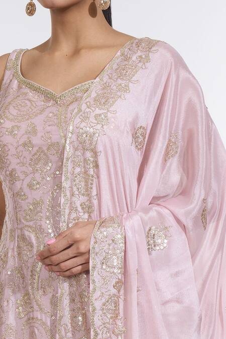 Buy_Meenagurnam_Pink Chiffon Sequins Keyhole Neck Paisley Bloom Embroidered Kurti Sharara Set 