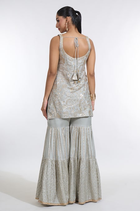 Meenagurnam Paisley Sequin Blossom Embroidered Kurti Sharara Set 