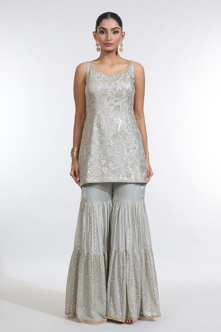 Meenagurnam_Green Chiffon Sequins Asymmetric Paisley Blossom Embroidered Kurti Sharara Set _Online_at_Aza_Fashions