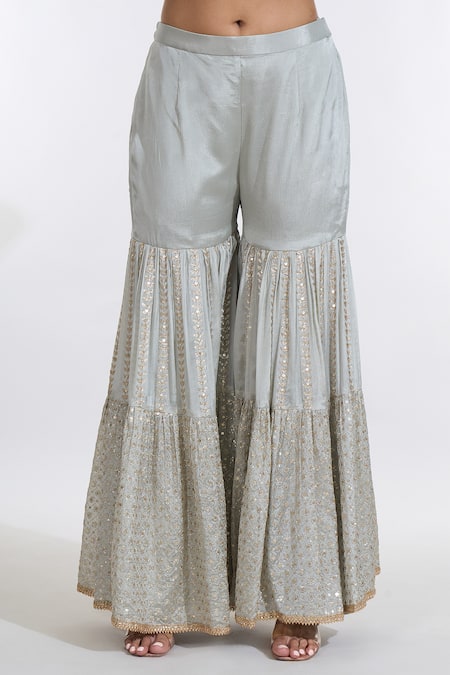 Buy_Meenagurnam_Green Chiffon Sequins Asymmetric Paisley Blossom Embroidered Kurti Sharara Set _Online_at_Aza_Fashions