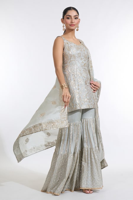 Shop_Meenagurnam_Green Chiffon Sequins Asymmetric Paisley Blossom Embroidered Kurti Sharara Set _Online_at_Aza_Fashions
