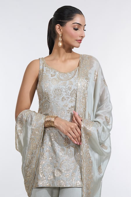 Meenagurnam_Green Chiffon Sequins Asymmetric Paisley Blossom Embroidered Kurti Sharara Set _at_Aza_Fashions