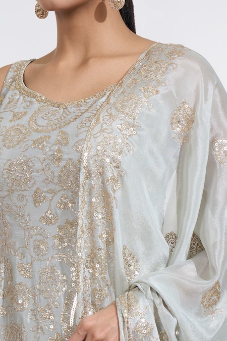 Buy_Meenagurnam_Green Chiffon Sequins Asymmetric Paisley Blossom Embroidered Kurti Sharara Set 