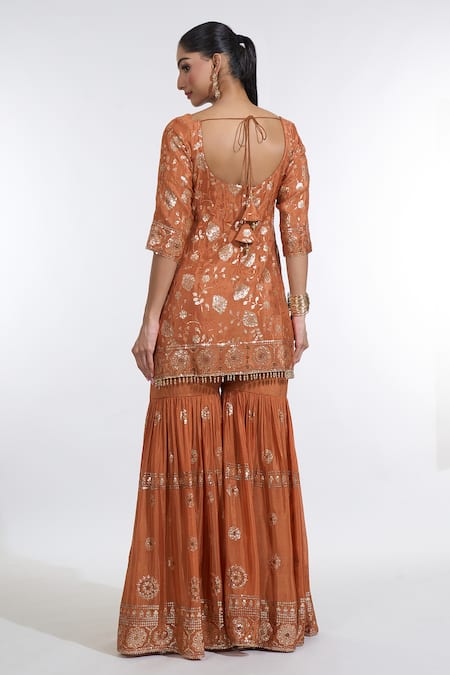 Shop Meenagurnam Orange Chiffon Sequins, Beads Round Neck Gullista Embroidered Kurti Sharara Set at Aza Fashions Shop_Meenagurnam_Orange Chiffon Sequins, Beads Round Neck Gullista Embroidered Kurti Sharara Set _at_Aza_Fashions