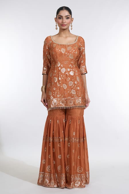 Meenagurnam Orange Chiffon Sequins, Beads Round Neck Gullista Embroidered Kurti Sharara Set Online at Aza Fashions Meenagurnam_Orange Chiffon Sequins, Beads Round Neck Gullista Embroidered Kurti Sharara Set _Online_at_Aza_Fashions