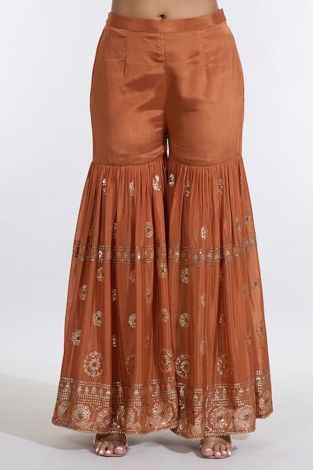 Buy Meenagurnam Orange Chiffon Sequins, Beads Round Neck Gullista Embroidered Kurti Sharara Set Online at Aza Fashions Buy_Meenagurnam_Orange Chiffon Sequins, Beads Round Neck Gullista Embroidered Kurti Sharara Set _Online_at_Aza_Fashions