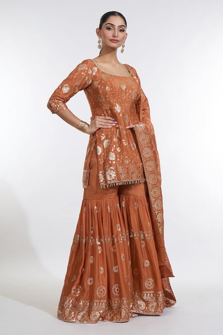 Shop Meenagurnam Orange Chiffon Sequins, Beads Round Neck Gullista Embroidered Kurti Sharara Set Online at Aza Fashions Shop_Meenagurnam_Orange Chiffon Sequins, Beads Round Neck Gullista Embroidered Kurti Sharara Set _Online_at_Aza_Fashions