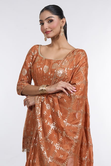 Meenagurnam Orange Chiffon Sequins, Beads Round Neck Gullista Embroidered Kurti Sharara Set at Aza Fashions Meenagurnam_Orange Chiffon Sequins, Beads Round Neck Gullista Embroidered Kurti Sharara Set _at_Aza_Fashions