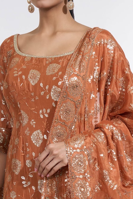 Buy Meenagurnam Orange Chiffon Sequins, Beads Round Neck Gullista Embroidered Kurti Sharara Set Buy_Meenagurnam_Orange Chiffon Sequins, Beads Round Neck Gullista Embroidered Kurti Sharara Set
