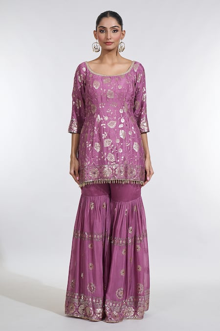 Meenagurnam_Purple Chiffon Sequins, Beads Round Neck Gul Embroidered Kurti Sharara Set _Online_at_Aza_Fashions